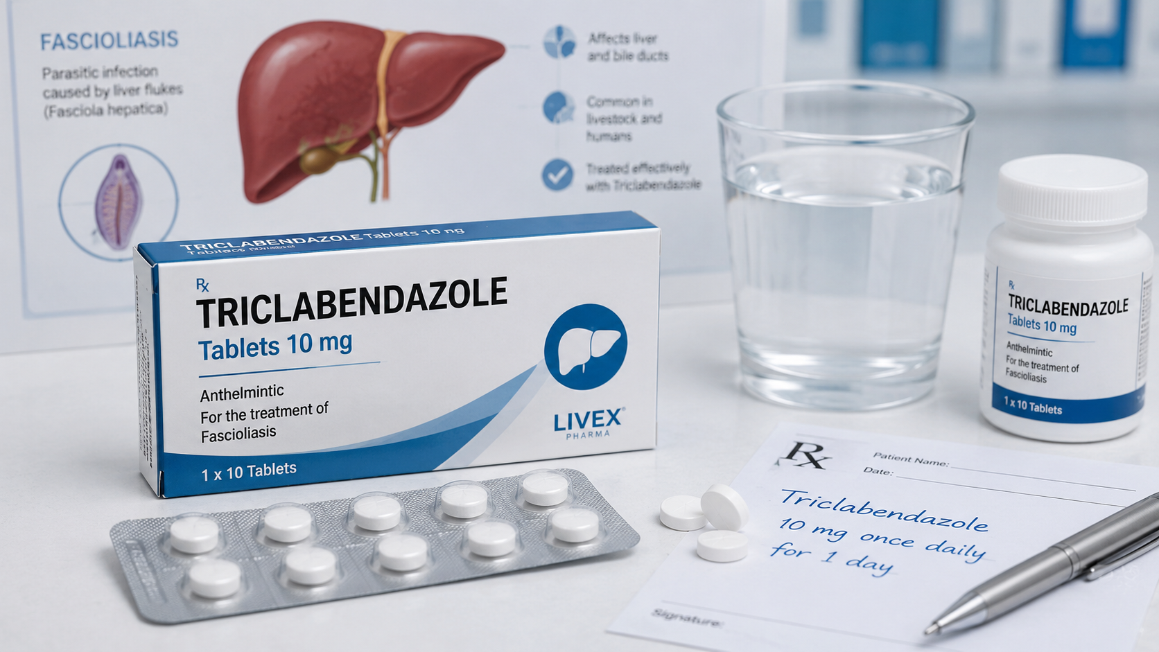 Person taking triclabendazole tablets at home as part of treatment for parasitic infection.